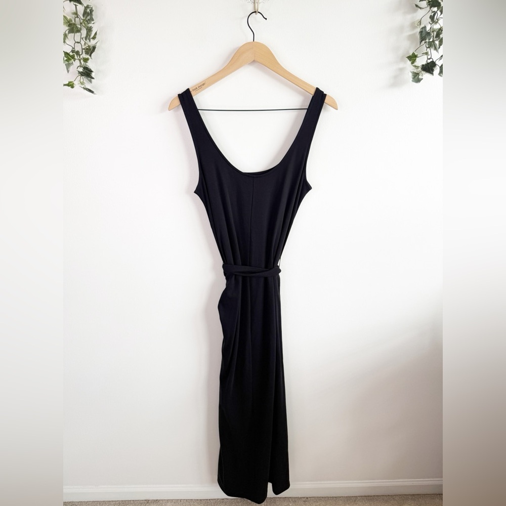 NEW VINCE Black Pima Cotton Stretch Midi Tie Dress Size Medium - Picture 6 of 6